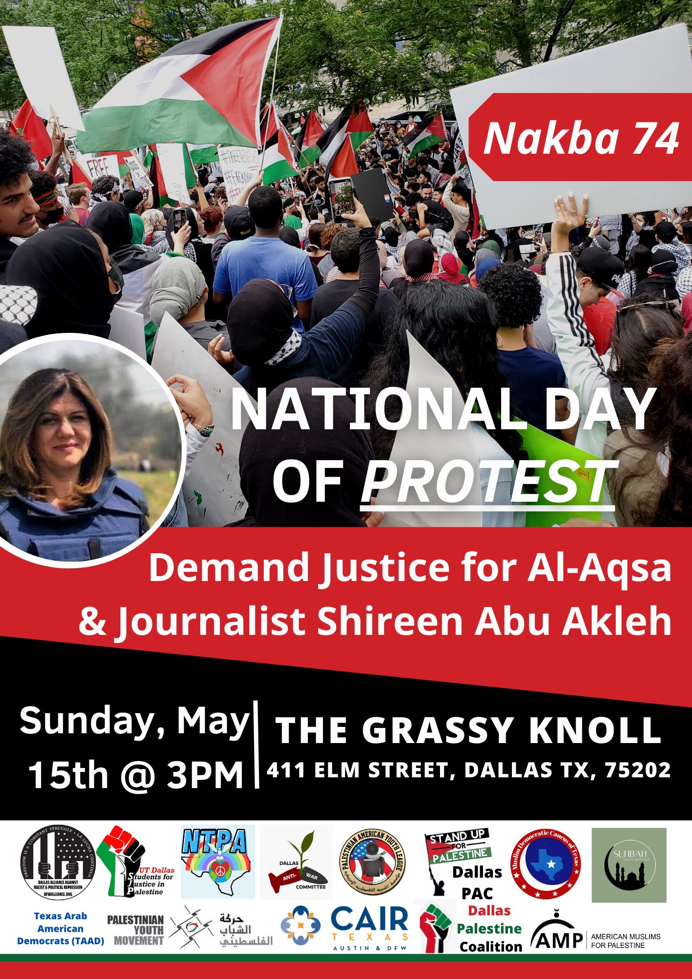 Palestine Protest Dallas Texas CAIR Texas Austin Dallas Fort Worth Shireen Abu Akleh Nakba 74